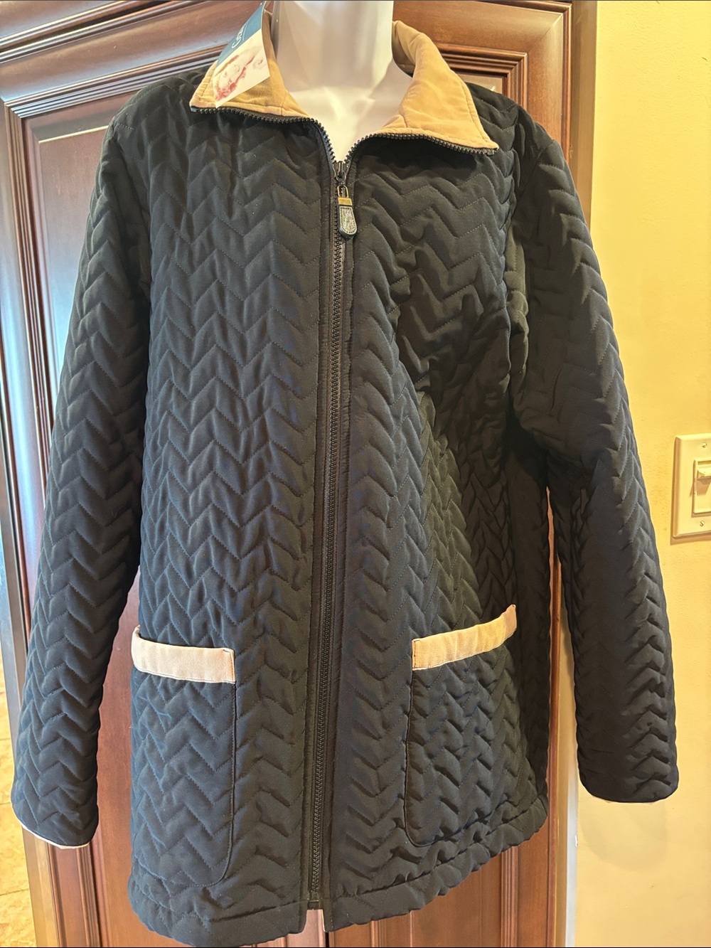 Susan Graver Black Quilted Zip Jacket with Tan Trim